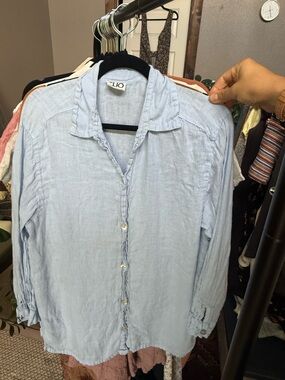 Vintage Clio Powder Blue Women’s 100% Linen Button-Up Shirt